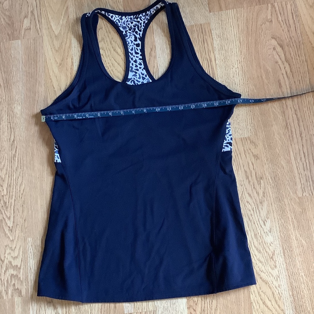 Athleta Navy Blue Tank Top with Monochrome Leopard Print Trim